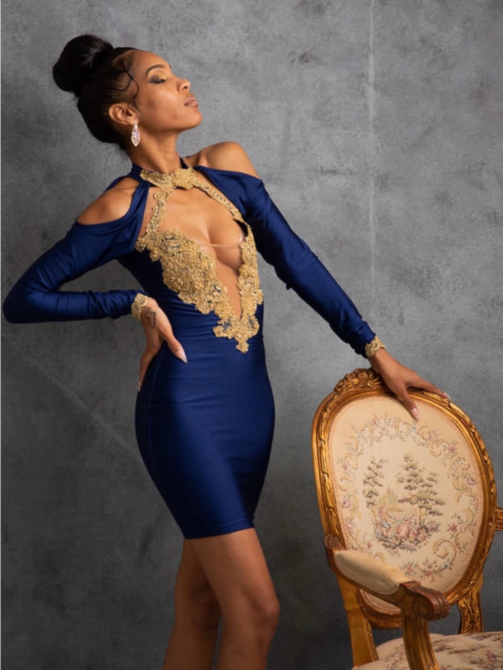 Navy Open-Shoulder Bodycon Dress with Gold Lace Trim
